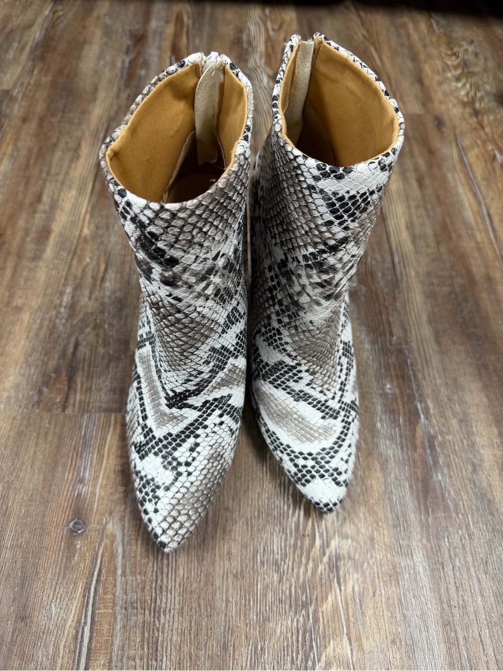 white & black snake print ankle boots, size US 8